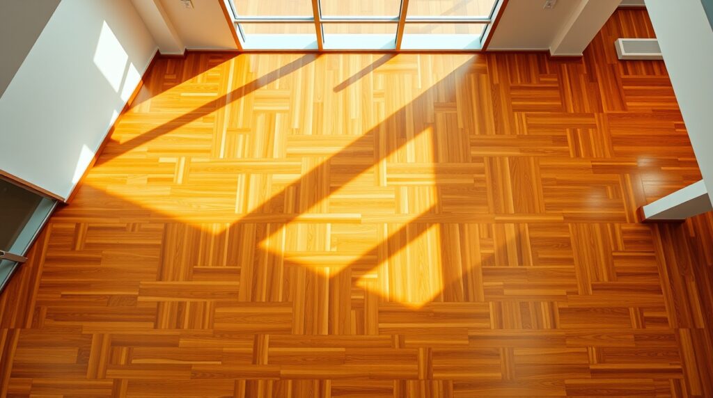 High-resolution overhead photograph a modern, brightly lit space with a radiant and luxurious hardwood floor, warm golden glow, top-down perspective, conveying sophistication and quality